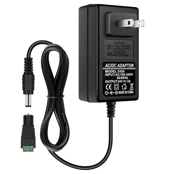 DC 24V Plug-in LED Adapter 48W, AC 100–240V to 24V - US/UK Plug AC Power Supply for High Power LED Strip Lights and Home Lighting Projects, Black Case