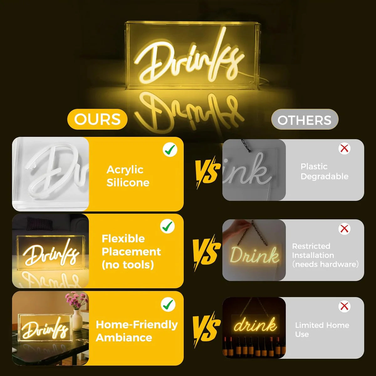 DRINKS Desk Lightbox Sign – Warm White/ Pink | Rectangular 12x6 inch | USB Powered | Tabletop Display | For Table Decor, Home Bar, Kitchen, Club, Pub, Restaurant Wall Decor & Bar Cart Accessories