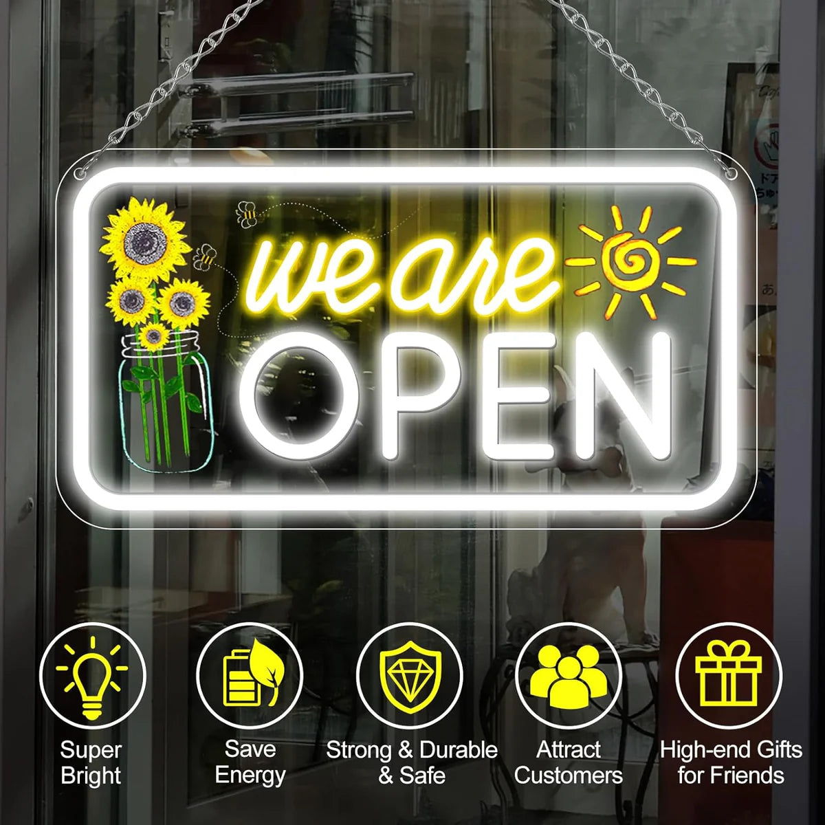 We Are Open Vertical Neon Sign – 17×9 / 23×12 inch | Warm White & White Glow | Window Hanging | Plug & Play for Storefronts