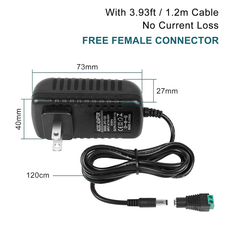 Power Adapter DC 24V 24W, AC 100–240V to 24V Wall Plug Switching Power Supply with US Plug, Black Case for LED Lighting and Electronics