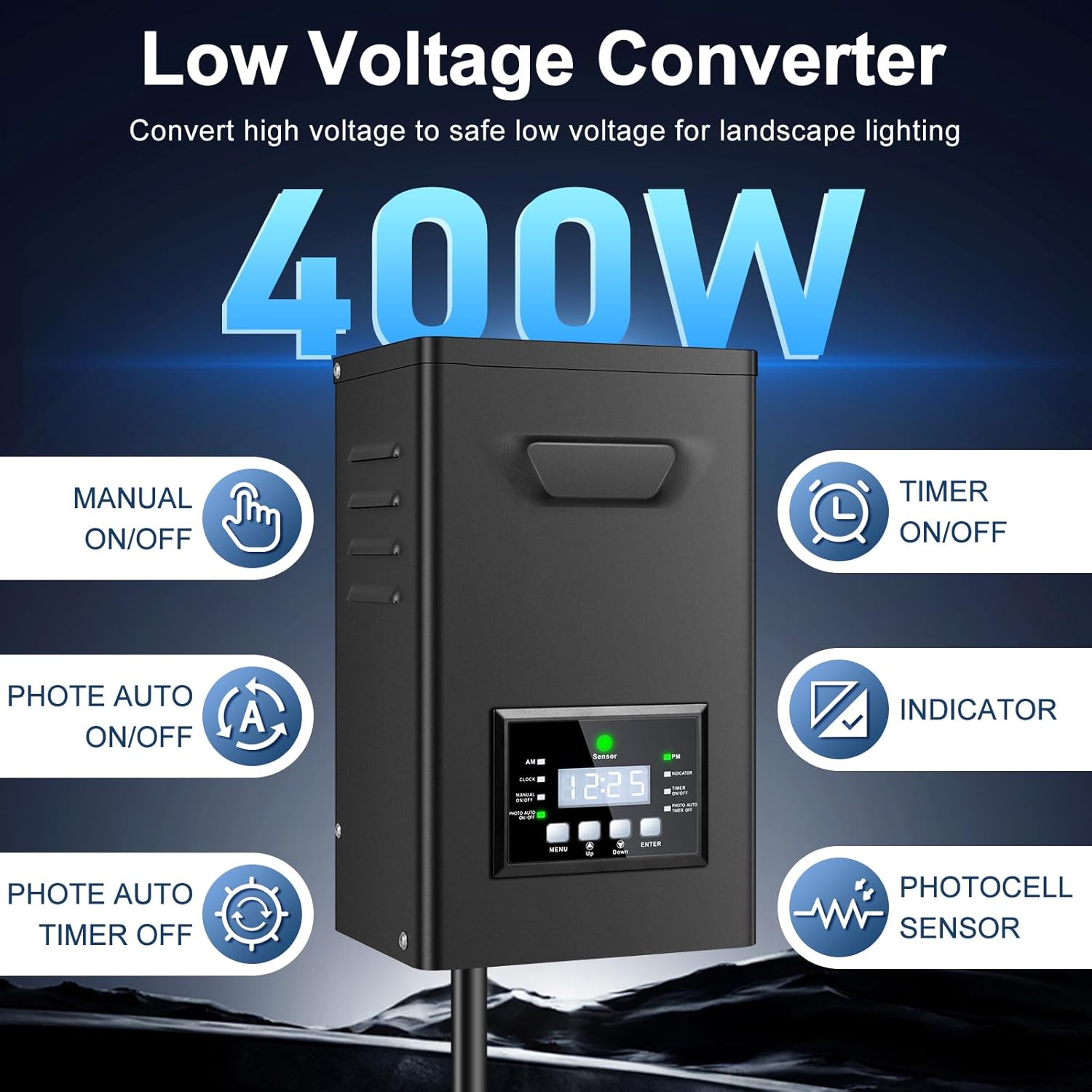 400W Low Voltage Landscape Transformer, Landscape Lighting Transformer with Timer and photocell Sensor, 120V AC to 12V/14V AC Outdoor Weatherproof Low Voltage Transformers for Landscape Lighting