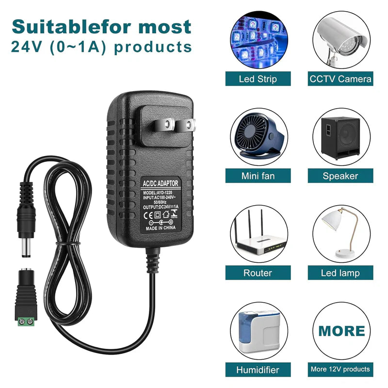 Power Adapter DC 24V 24W, AC 100–240V to 24V Wall Plug Switching Power Supply with US Plug, Black Case for LED Lighting and Electronics