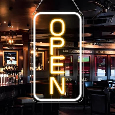Vertical OPEN Neon Sign – 6 Color Options | USB Powered | 17×9 inch (44×24 cm) | LED Window Hanging Light for Storefronts