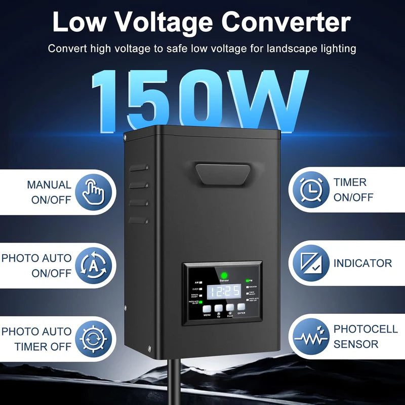 Low Voltage Landscape Lighting Transformer 150W / 170W – Outdoor 120V AC to 12V/15V AC Power Supply with Timer & Photocell for Garden, Yard and Pathway Lights