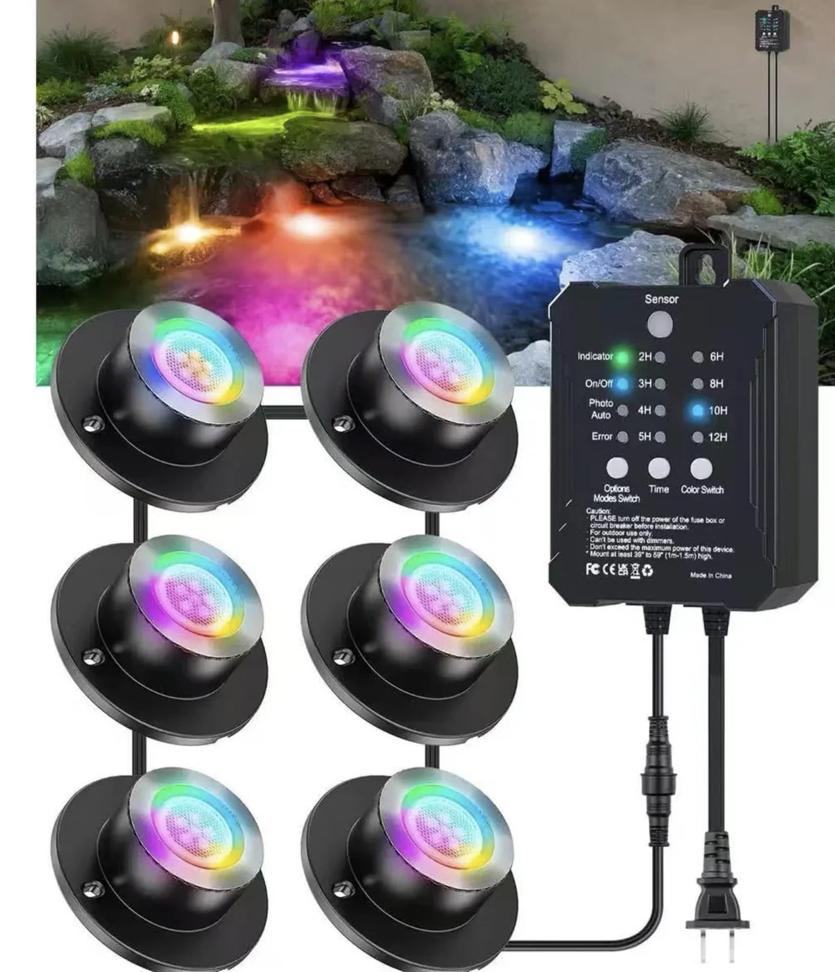 Low Voltage LED Pond Lights Kit - RGB | 6 / 8 Pack RGB Underwater Fountain Light with 12V Timer Transformer | IP68 Waterproof | Outdoor Lights for Underwater