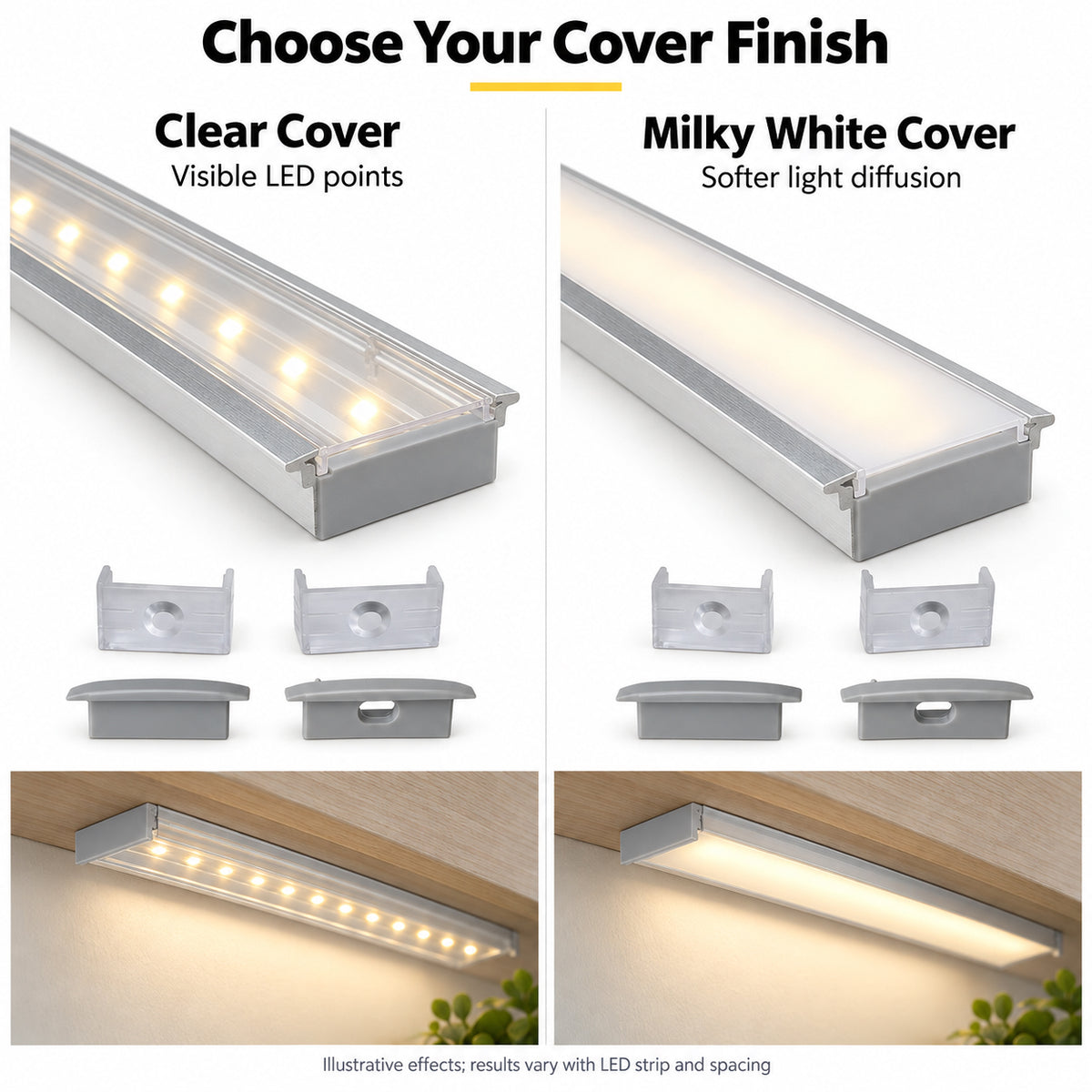 Silver U03 10x30mm U-Shape LED Aluminum Channel, 20mm Inner Width, with Cover, End Caps & Mounting Clips