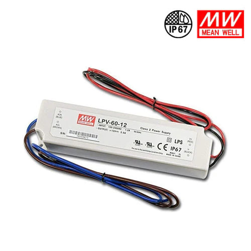 MEANWELL LPV Series 150W IP67 Waterproof Switching Power Supply, 12V/24V DC Output, AC90-264V Input, UL/CE Certified, Plastic Housing, Outdoor Power Supply