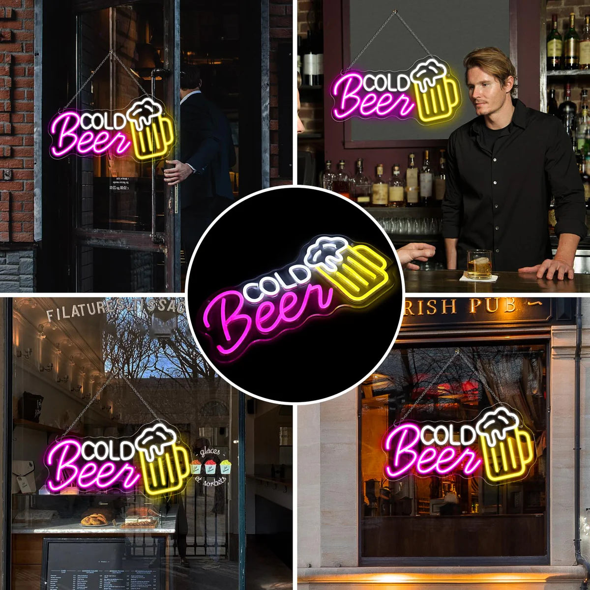 Cold Beer LED Sign – Multi-Color Glow | 16.5 × 8.8 inch | USB Powered | Hanging | Ideal for Bar, Pub, Lounge, Nightclub, Party Mood Lighting