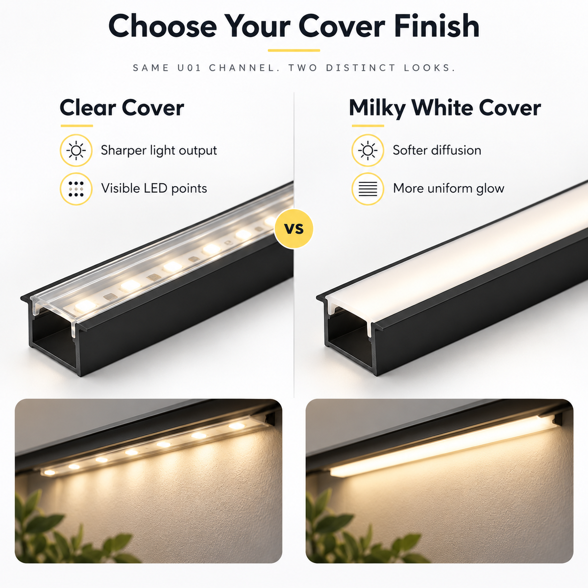 Black U01 9×23mm U-Shape LED Aluminum Channel, 12mm Inner Width, with Cover, End Caps & Mounting Clips