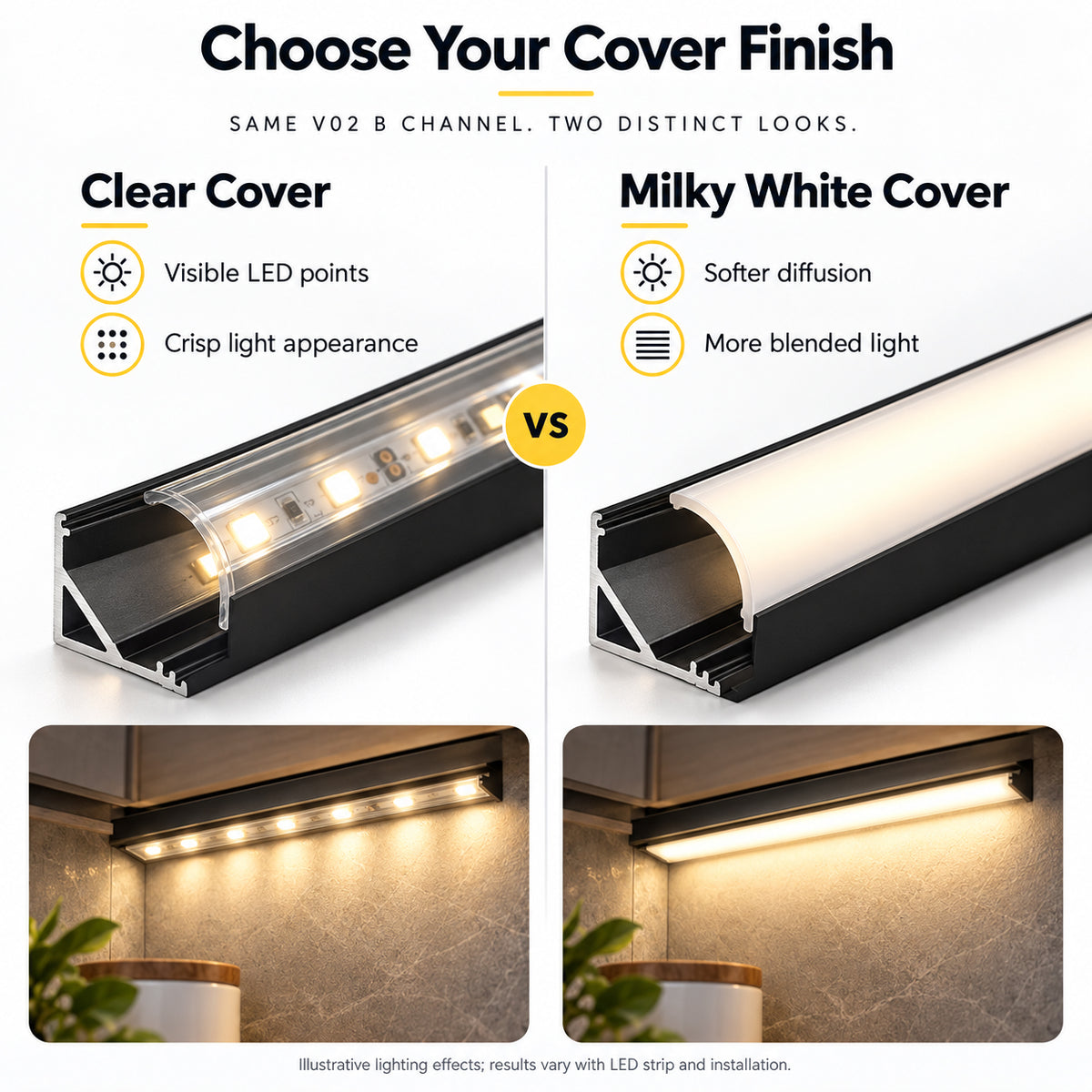 Black V02 16x16mm V-Shape Corner-Mount LED Aluminum Channel, 12mm Inner Width, with Cover, End Caps & Mounting Clips