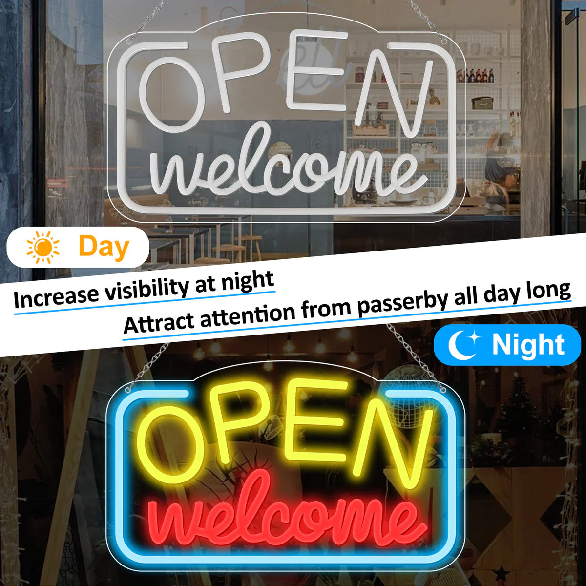 OPEN Welcome Neon Sign – 2 Color Options | USB Powered | 17×10 inch (43×25 cm) | LED Light for Storefront Window