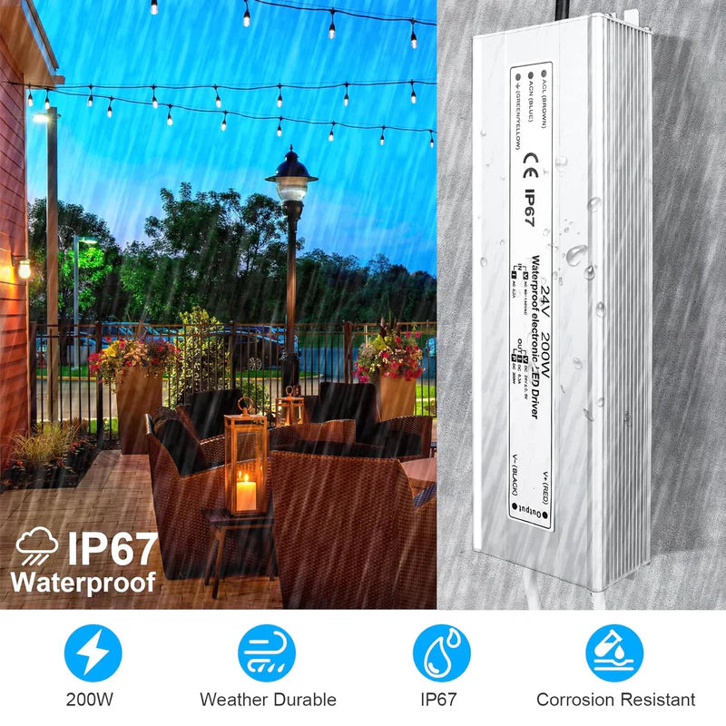 24V Waterproof LED Transformer – 200W–500W Outdoor LED Driver, 90–140V AC Input, Single or Dual Wire Output, CE/RoHS/FCC Certified, US Plug & Wire Lead Options