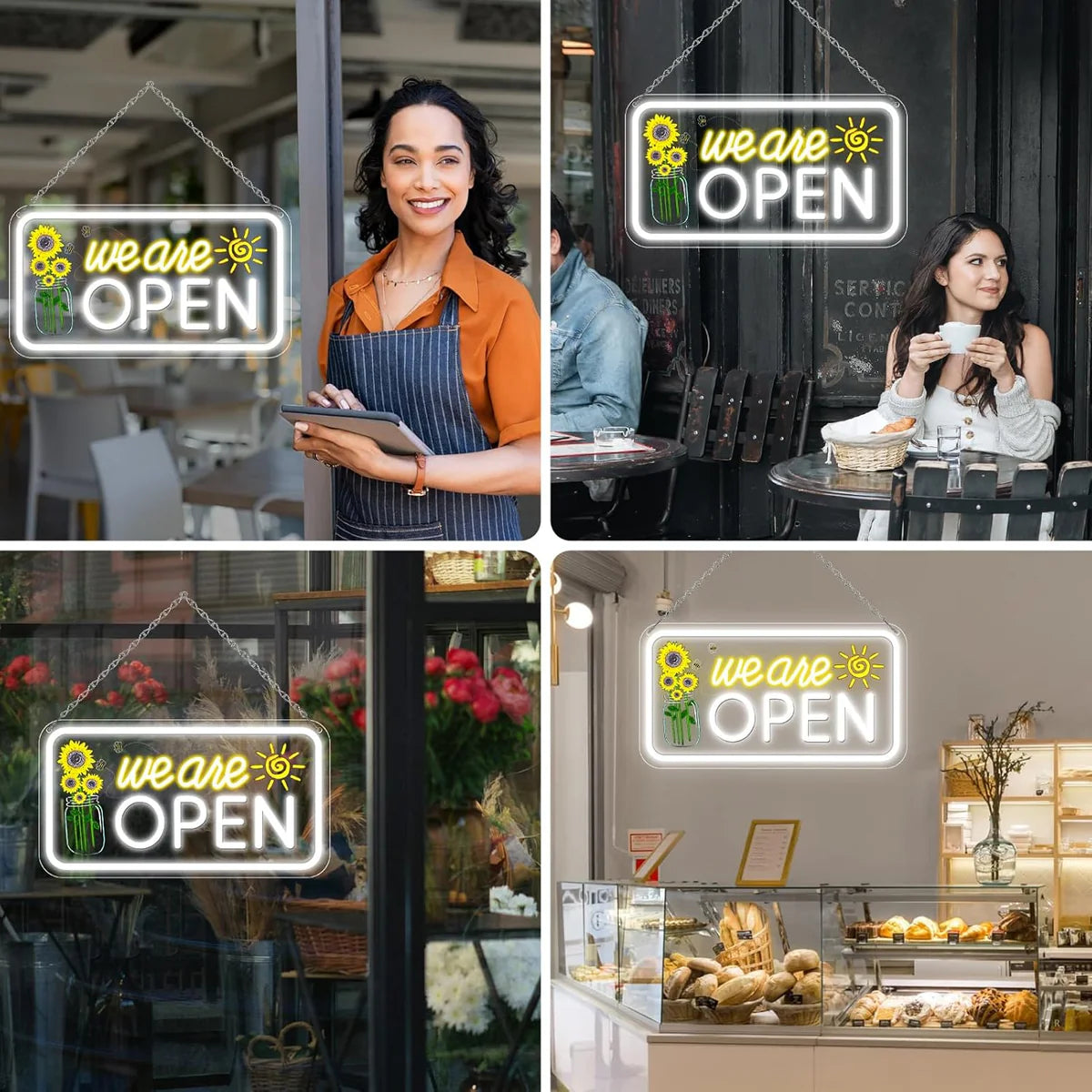 We Are Open Vertical Neon Sign – 17×9 / 23×12 inch | Warm White & White Glow | Window Hanging | Plug & Play for Storefronts