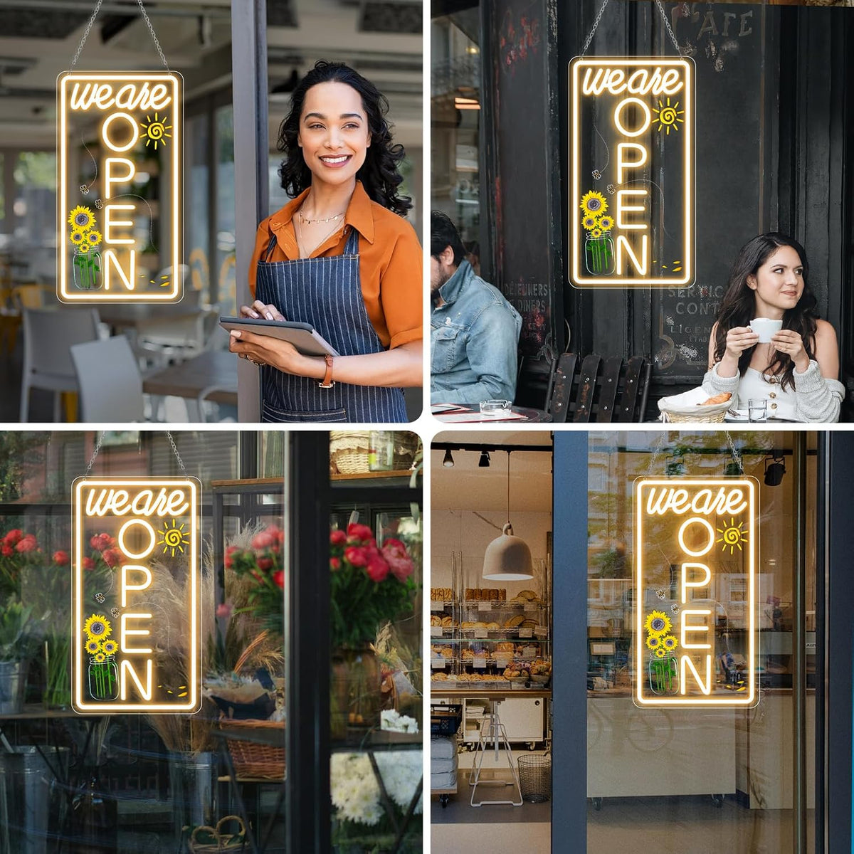 We Are Open Vertical Silicone LED shop signs – Warm White / Neutral White  | 16.5 × 9 inch |Window Hanging | Plug & Play for Cafes, Restaurants & Retail Shops