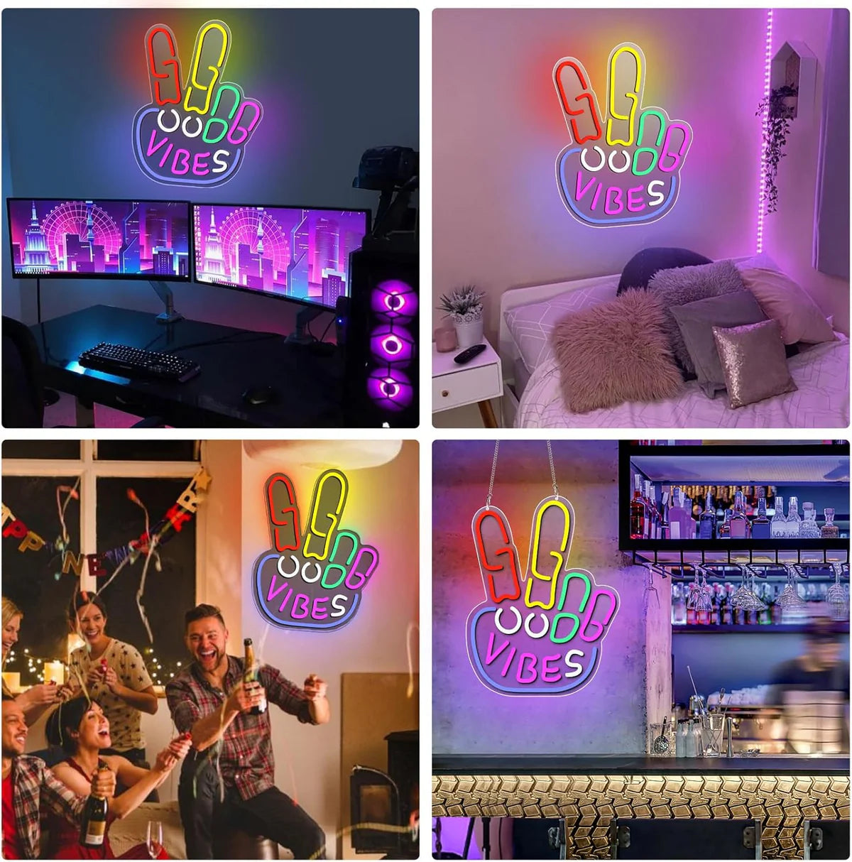 Good Vibes LED Sign – Peace Hand Sign | USB Neon Light for Wall Decor | 17×13 inch | Hanging | Ideal for Bedroom, Dorm, Lounge, Party Mood Lighting