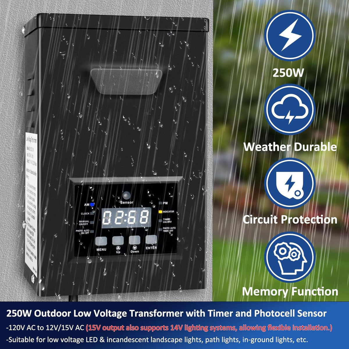 250W Low Voltage Landscape Transformer, 120V AC to 12V/15V(14V) AC Landscape Lighting Transformer with Photocell Sensor & Timer, Weatherproof Outdoor Transformer for Landscape Lighting,Spotlight
