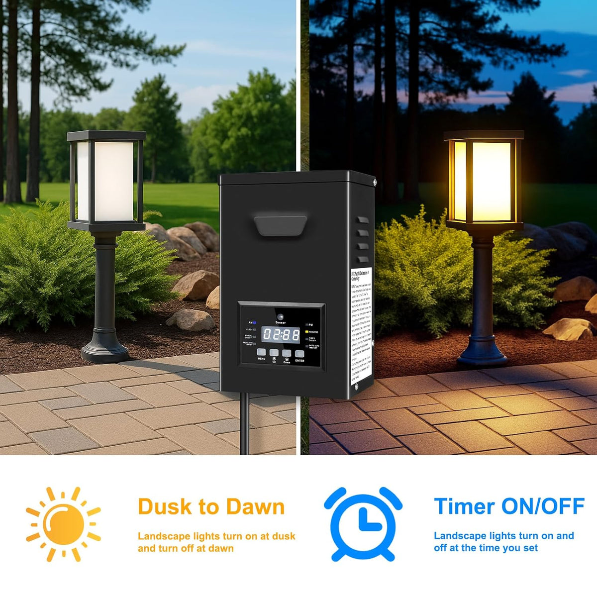 250W Low Voltage Landscape Transformer, 120V AC to 12V/15V(14V) AC Landscape Lighting Transformer with Photocell Sensor & Timer, Weatherproof Outdoor Transformer for Landscape Lighting,Spotlight