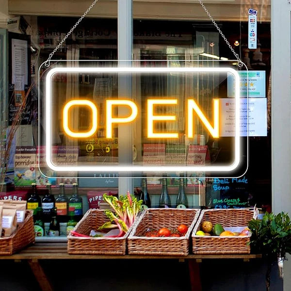 OPEN LED Neon Sign – 4 Glow Color Options | Rectangular | 16×9 / 23×12 inch | Window Hanging | Plug & Play for Storefronts