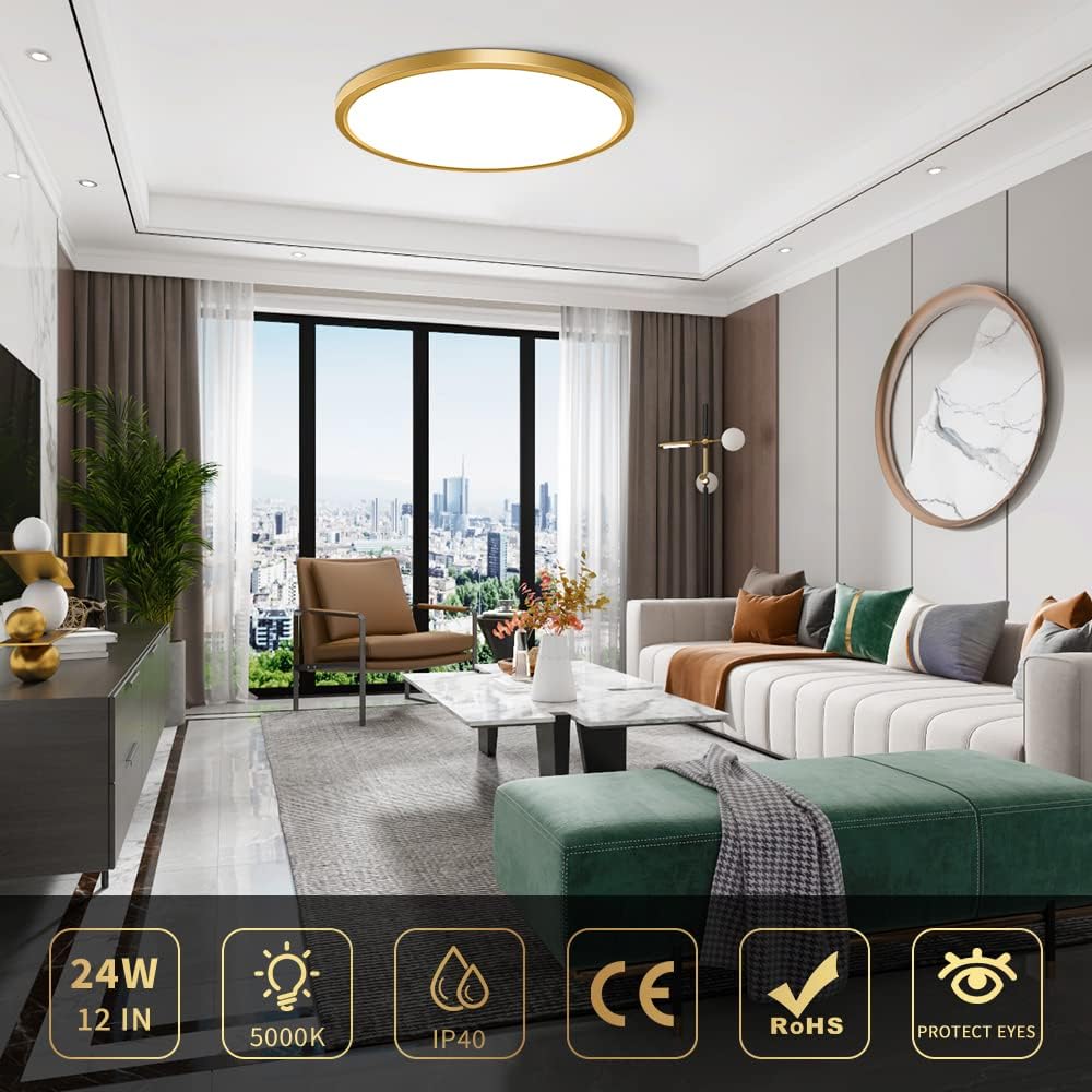 AC 110–130V Round Gold LED Ceiling Light, 18W / 24W / 32W Options 3000K / 4500K / 5000K / 6500K Flush Mount Ceiling Light Local Stock (US)