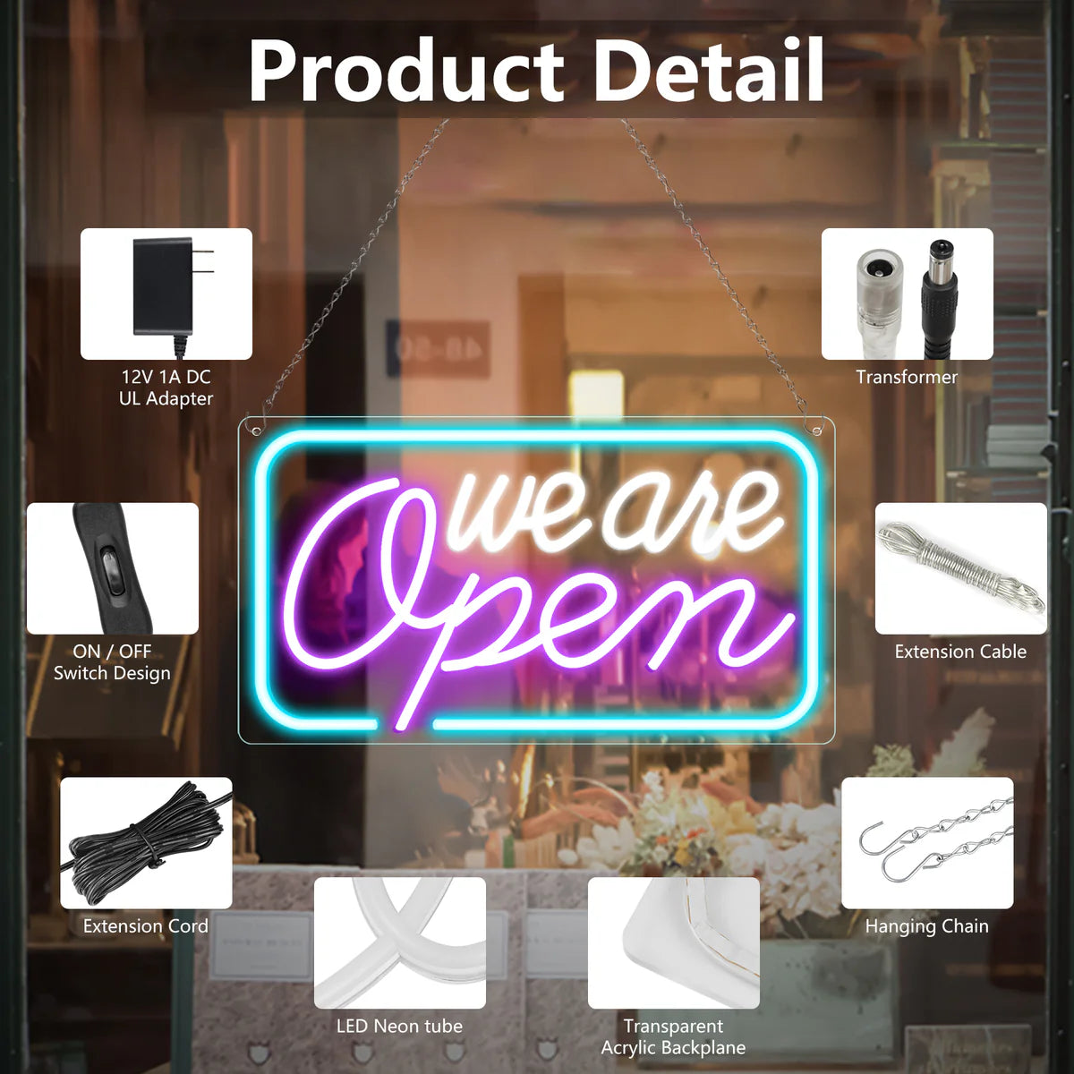 We Are Open Neon Sign – 5 Glow Color Options | 17×9 inch (42×23 cm) | Window Hanging | Plug & Play for Storefronts