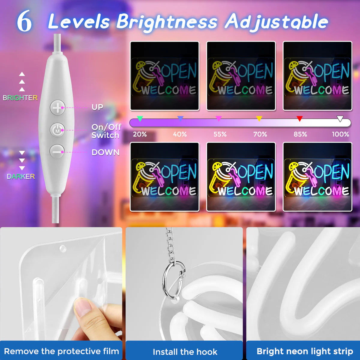 OPEN WELCOME Neon Sign – Multicolor Glow | USB Powered | 16×9 inch (41×23 cm) | LED Window Light with Cocktail Design for Bar, Café, Storefront