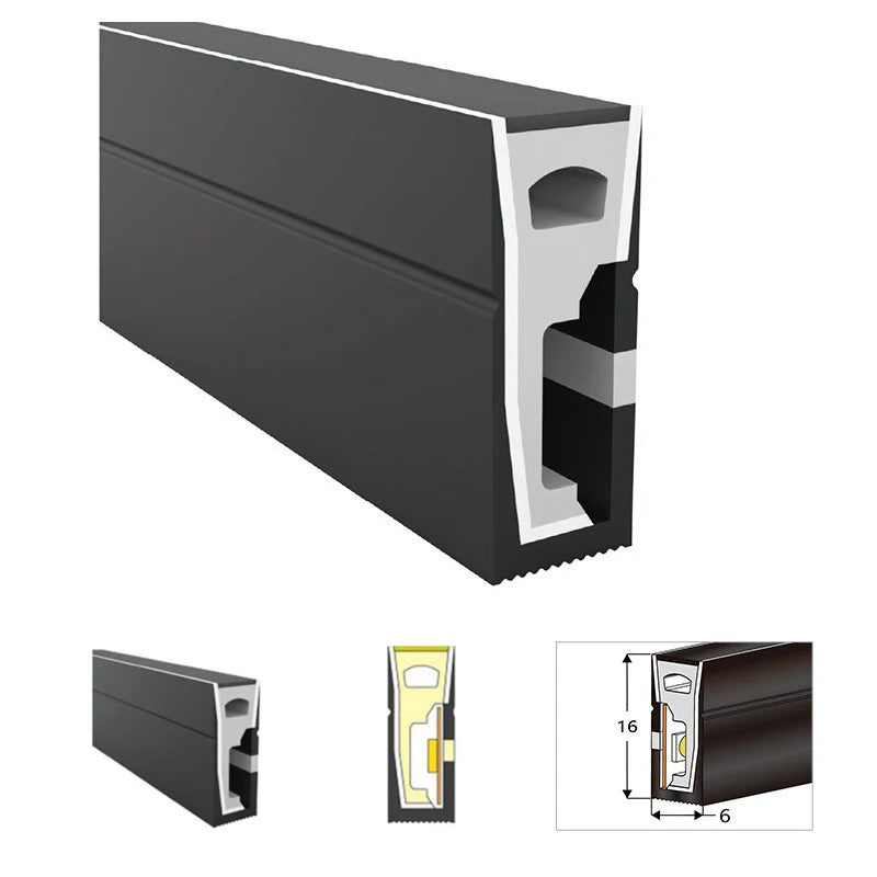 S0616 Black Side Edge Lighting Neon Light Housing – 6x16mm | Silicone LED Channel System | 8mm PCB Width | IP67 Waterproof | 16.4FT/5M*1/16.4FT/5M*5 | Local Stock US/UK/DE