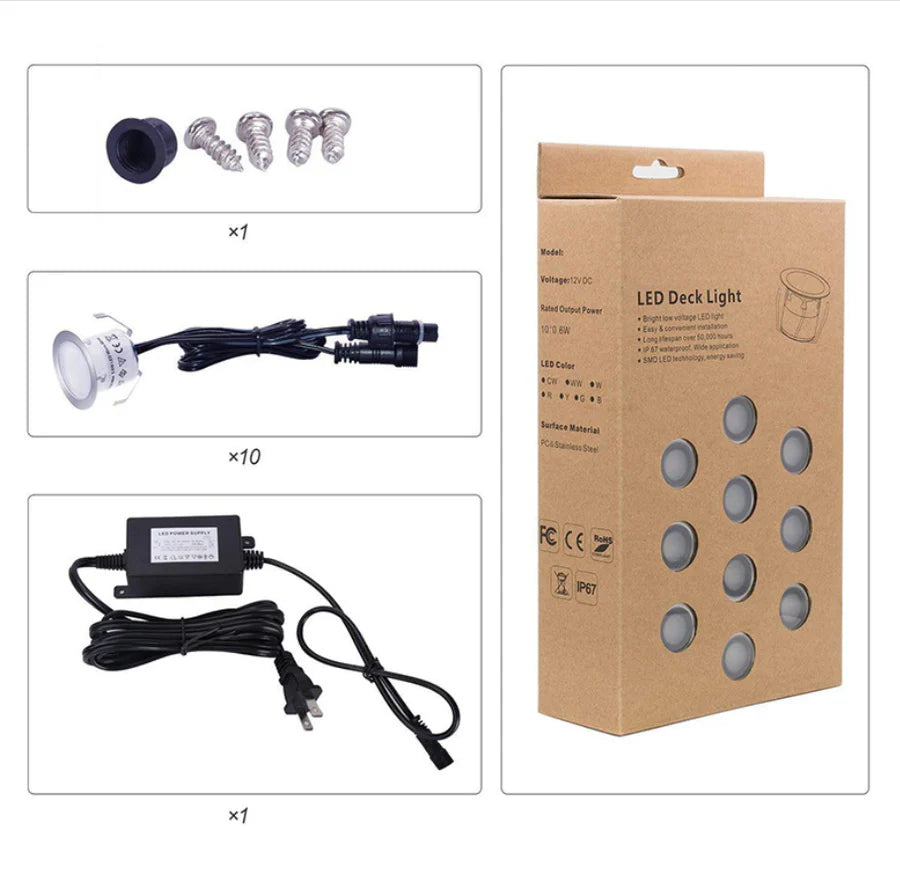 10-Pack Recessed LED Deck Lights – 0.6W Each | Warm White / Natural White | AC100–265V Input with Power Adapter | US / EU / UK / AU Plug Options | IP67 Waterproof Inground Step Lights Kit for Deck, Garden, Yard, Stairs & Pathway Lighting