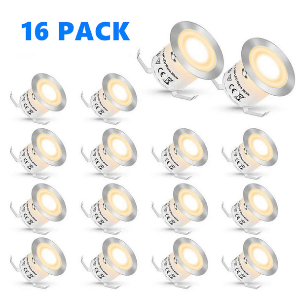 16-Pack Recessed LED Deck Lights – Warm White / Natural White | 0.6W Each | AC100–265V Input with Power Adapter | US / EU / UK / AU Plug Options | IP67 Waterproof Inground Step Lights Kit for Deck, Garden, Yard, Stairs & Pathway Lighting