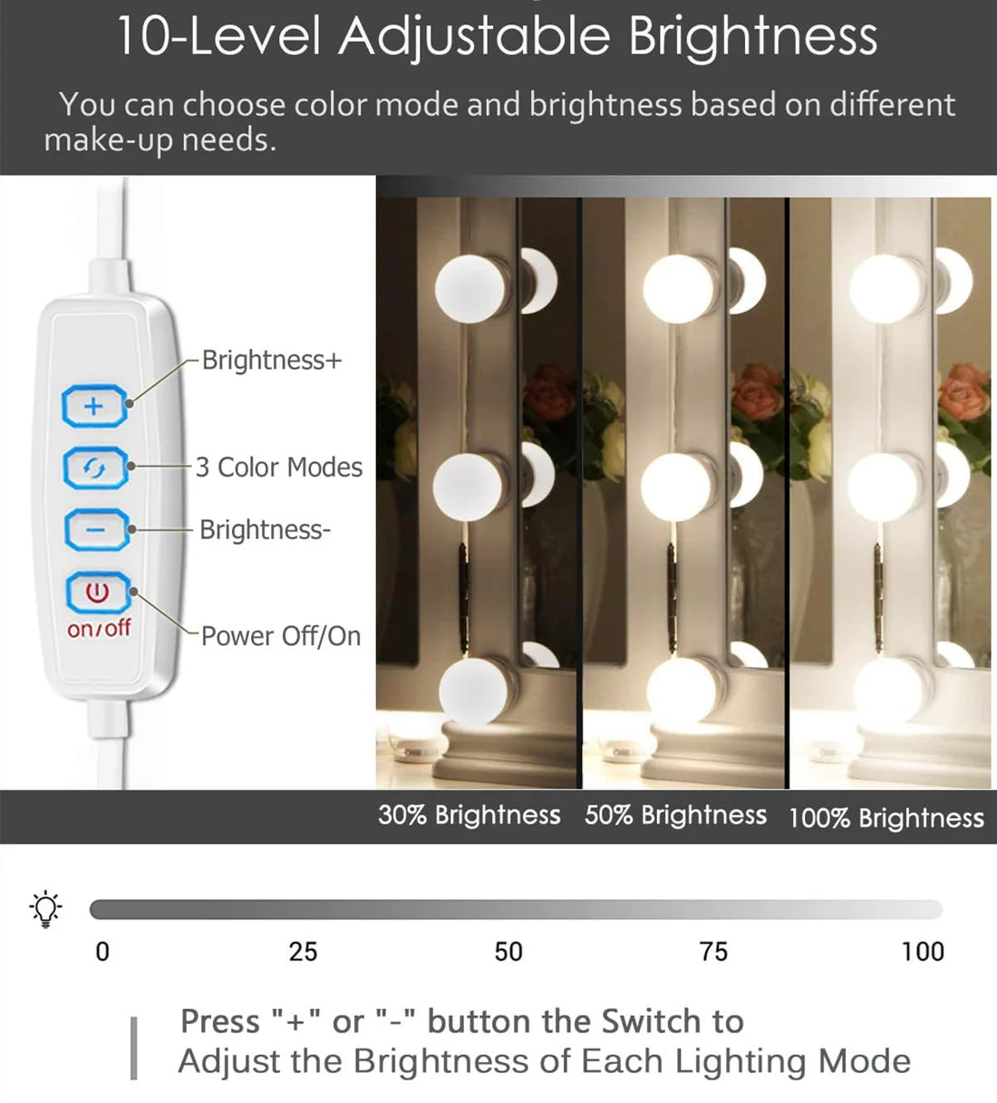 Hollywood Style LED Vanity Mirror Lights Kit with 10 1.77'' Light Bulbs, 3 Colors Adjustable, Ideal for Makeup Vanity Table in Dressing Room
