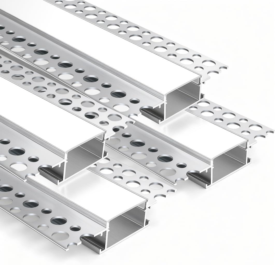 Silver TX-090 Double-Sided LED Aluminum Channel for Plaster-In Drywall, Fits LED Strips Up to 20mm Wide, with Milky White Diffuser