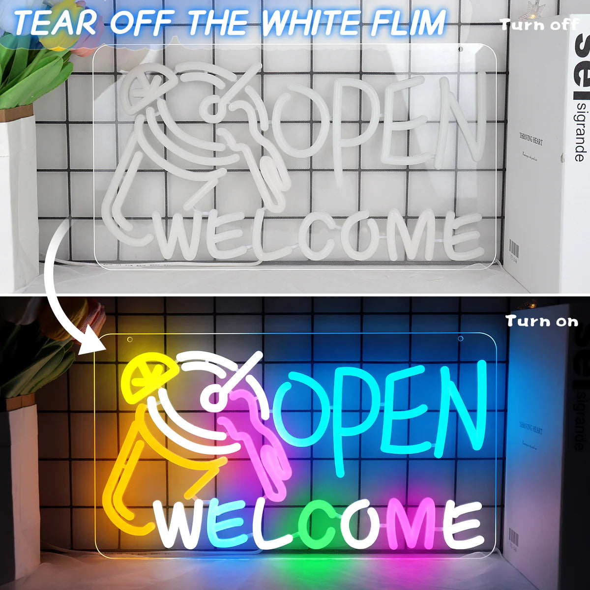OPEN WELCOME Neon Sign – Multicolor Glow | USB Powered | 16×9 inch (41×23 cm) | LED Window Light with Cocktail Design for Bar, Café, Storefront