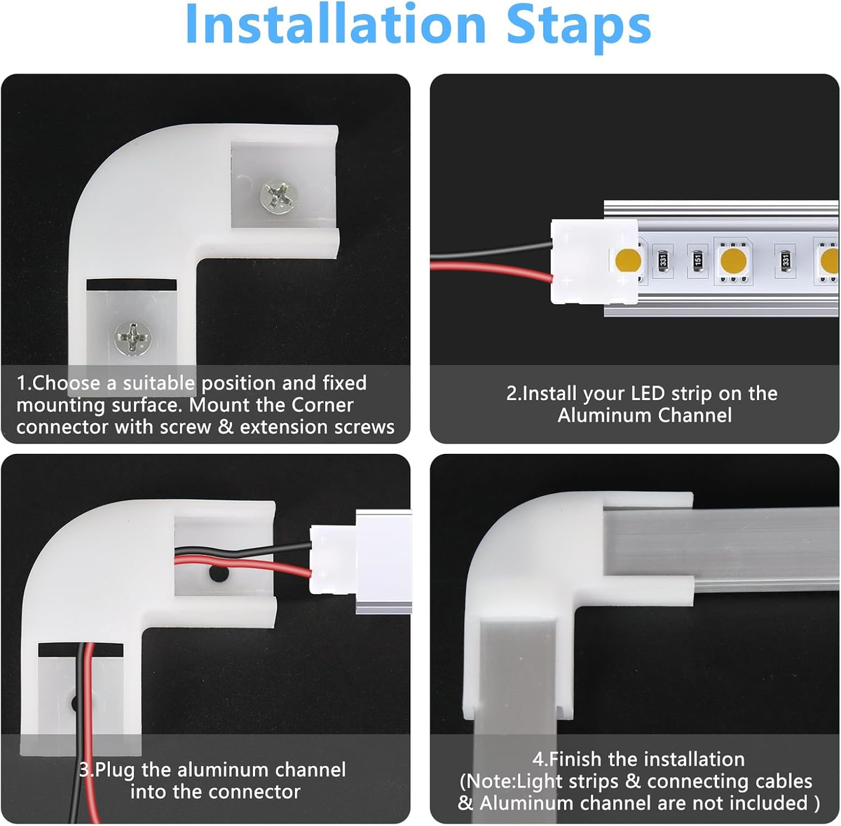 6-Pack 90° Corner Connectors for U-Shape LED Aluminum Channels with Screws