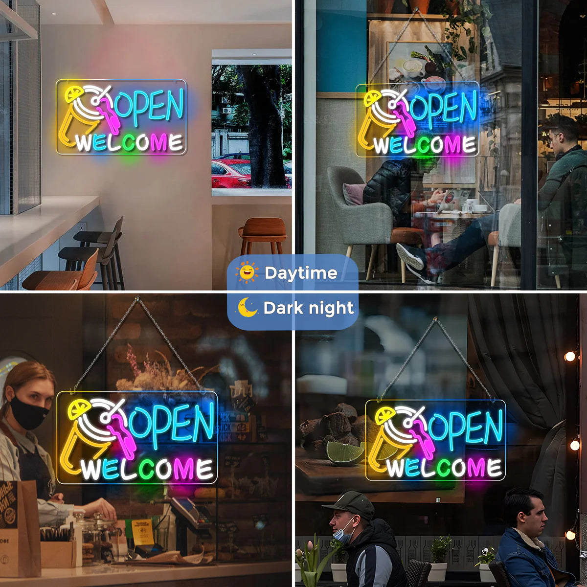 OPEN WELCOME Neon Sign – Multicolor Glow | USB Powered | 16×9 inch (41×23 cm) | LED Window Light with Cocktail Design for Bar, Café, Storefront