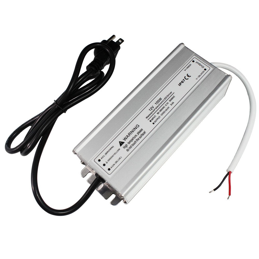 LightingWill Waterproof IP67 LED Power Supply Driver Transformer 100W 110V AC to 12V DC Low Voltage Output with 3-Prong Plug 3.3 Feet Cable for Outdoor Use