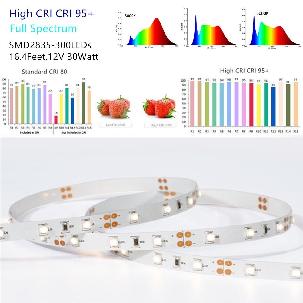 16.4Feet (5Meter) SMD2835 300LED 12VDC 30Watt True Color CRI95+ High Color Accuracy LED Flexible Strip Light that Produce Full Spectrum Natural Light