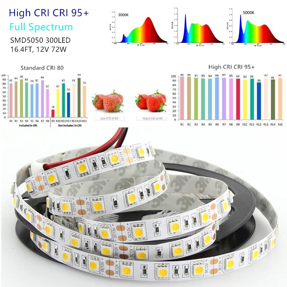 16.4Feet (5Meter)SMD5050 300LED 12VDC 72Watt True Color CRI95+ High Color Accuracy LED Flexible Strip Light that Produce Full Spectrum Natural Light