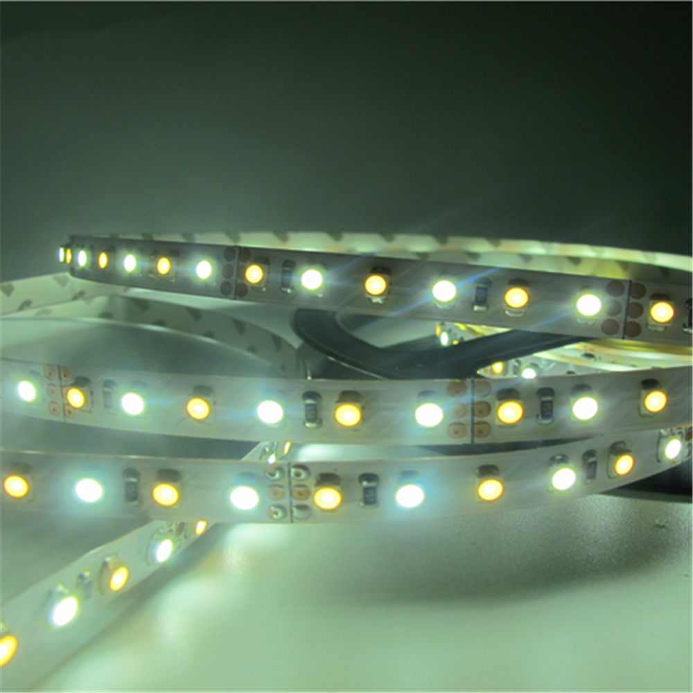 12 VDC &lt;48 W 4 Ampere 16,4 Fuß (5 Meter) pro Rolle SMD3528-600 Dual White (Reinweiß + Warmweiß) LED-Farbtemperatur CCT Einstellbares flexibles LED-Streifenlicht 60 LED 9,6 Watt pro Meter Weißes PCB-Bandlicht