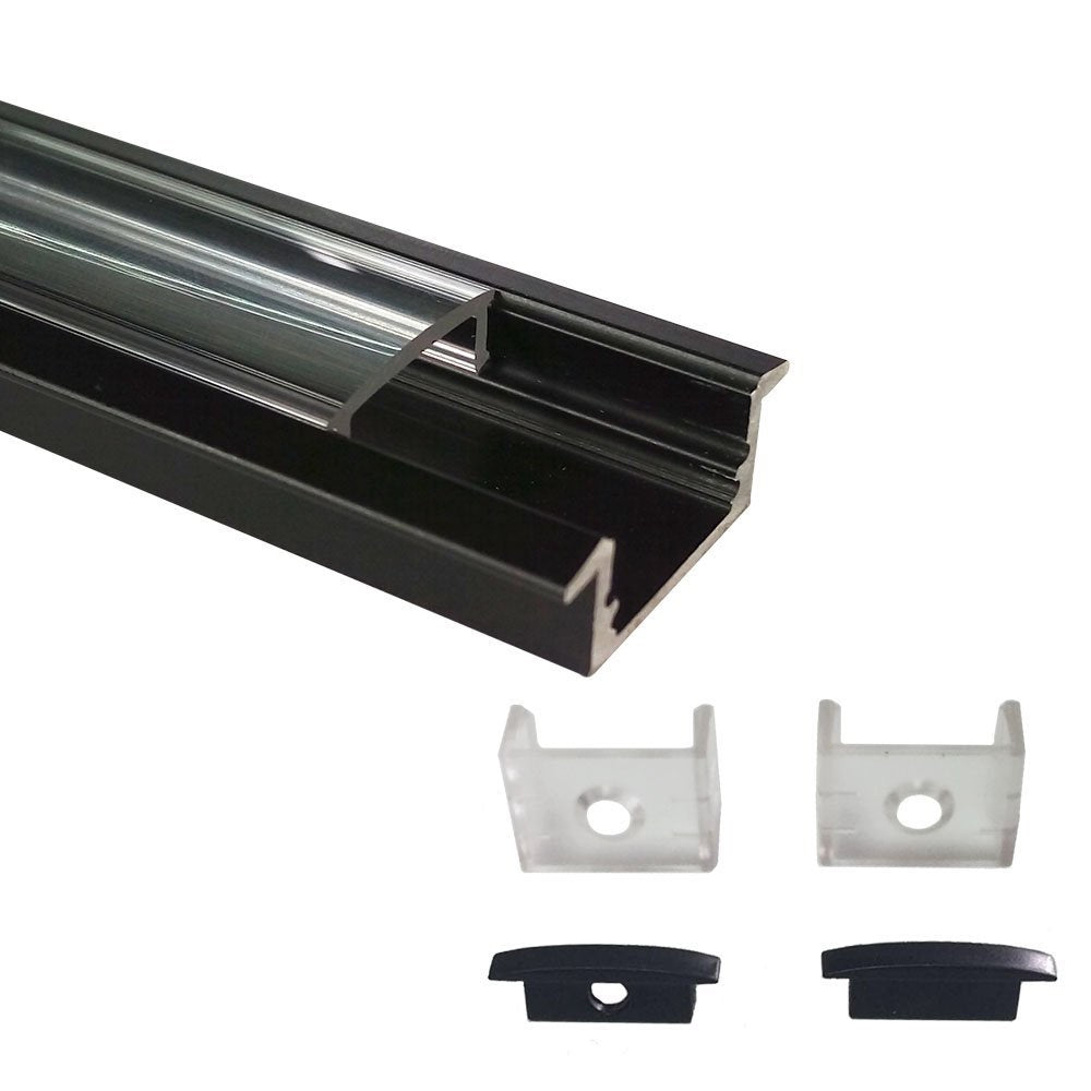 Schwarzes U01 9 x 23 mm U-förmiges Innenprofil, Breite 12 mm, LED-Aluminium-Kanalsystem mit Abdeckung, Endkappen und Befestigungsclips für die Installation von LED-Lichtstreifen