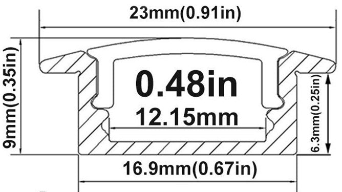Schwarzes U01 9 x 23 mm U-förmiges Innenprofil, Breite 12 mm, LED-Aluminium-Kanalsystem mit Abdeckung, Endkappen und Befestigungsclips für die Installation von LED-Lichtstreifen