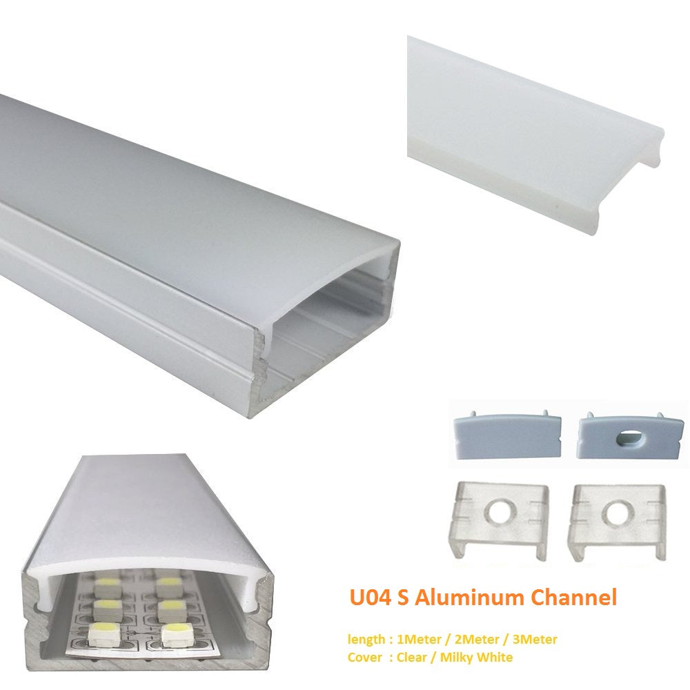 Silver U04 10x23mm U-Shape Internal Width 20mm LED Aluminum Channel System with Cover, End Caps and Mounting Clips Aluminum Extrusion for LED Strip Light Installations