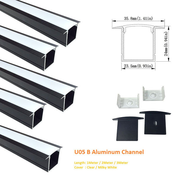 Black U05 36x24mm U-Shape Internal Width 20mm LED Aluminum Channel System with Cover, End Caps and Mounting Clips Aluminum Profile for LED Strip Light Spot Free Installations